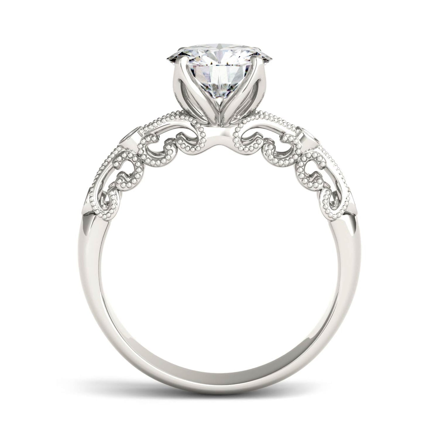 1.54 CTW DEW Round Moissanite Milgrain Engagement Ring in 14K White Gold