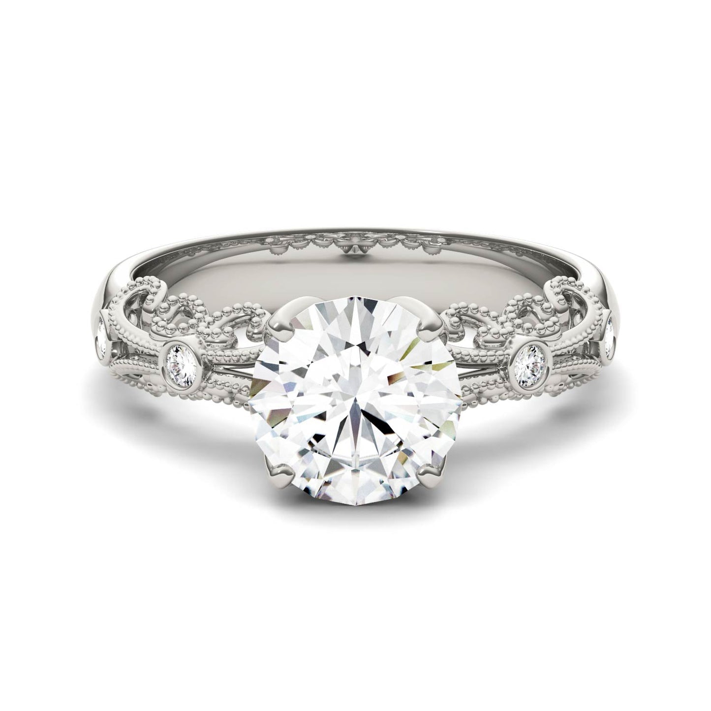 1.54 CTW DEW Round Moissanite Milgrain Engagement Ring in 14K White Gold