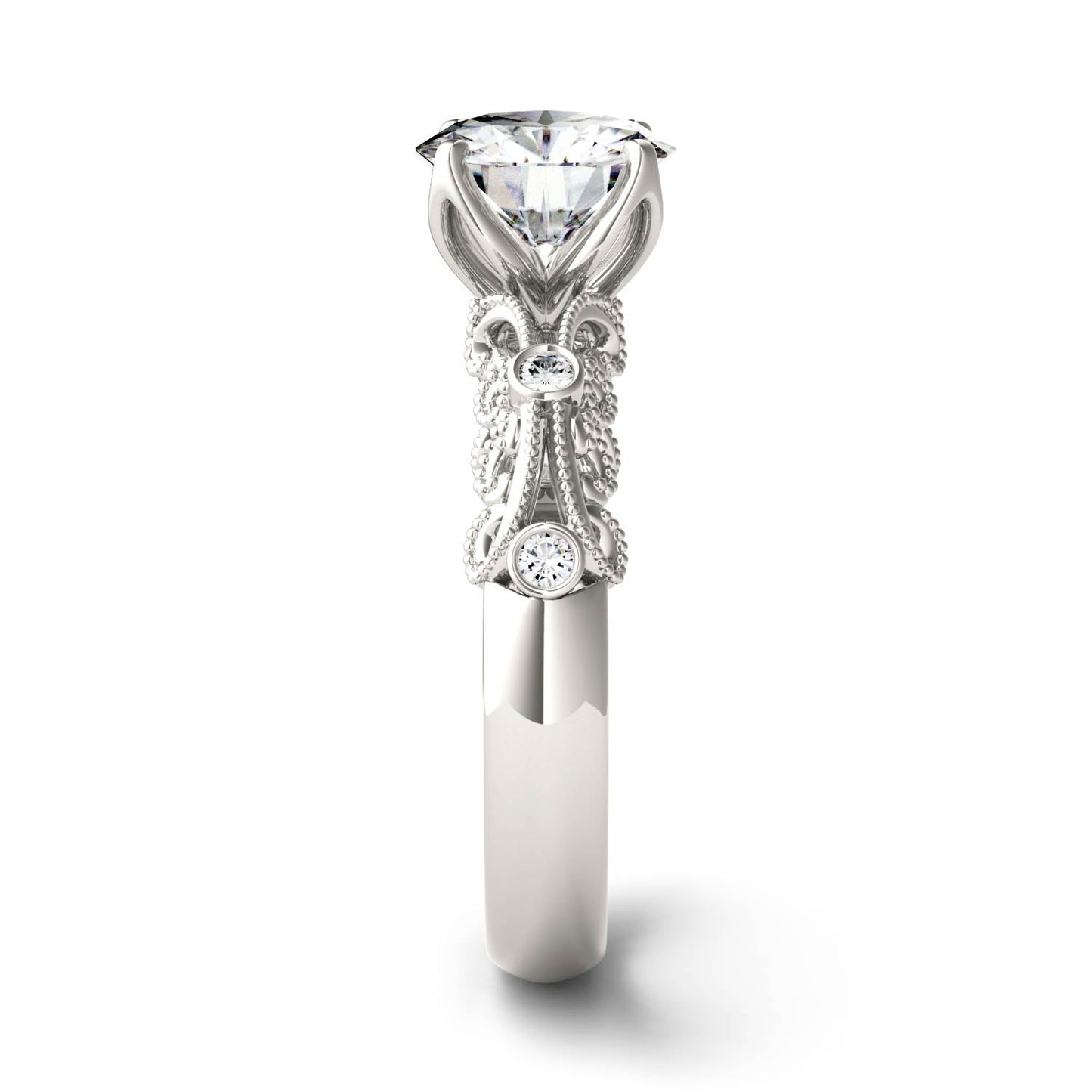 1.54 CTW DEW Round Moissanite Milgrain Engagement Ring in 14K White Gold