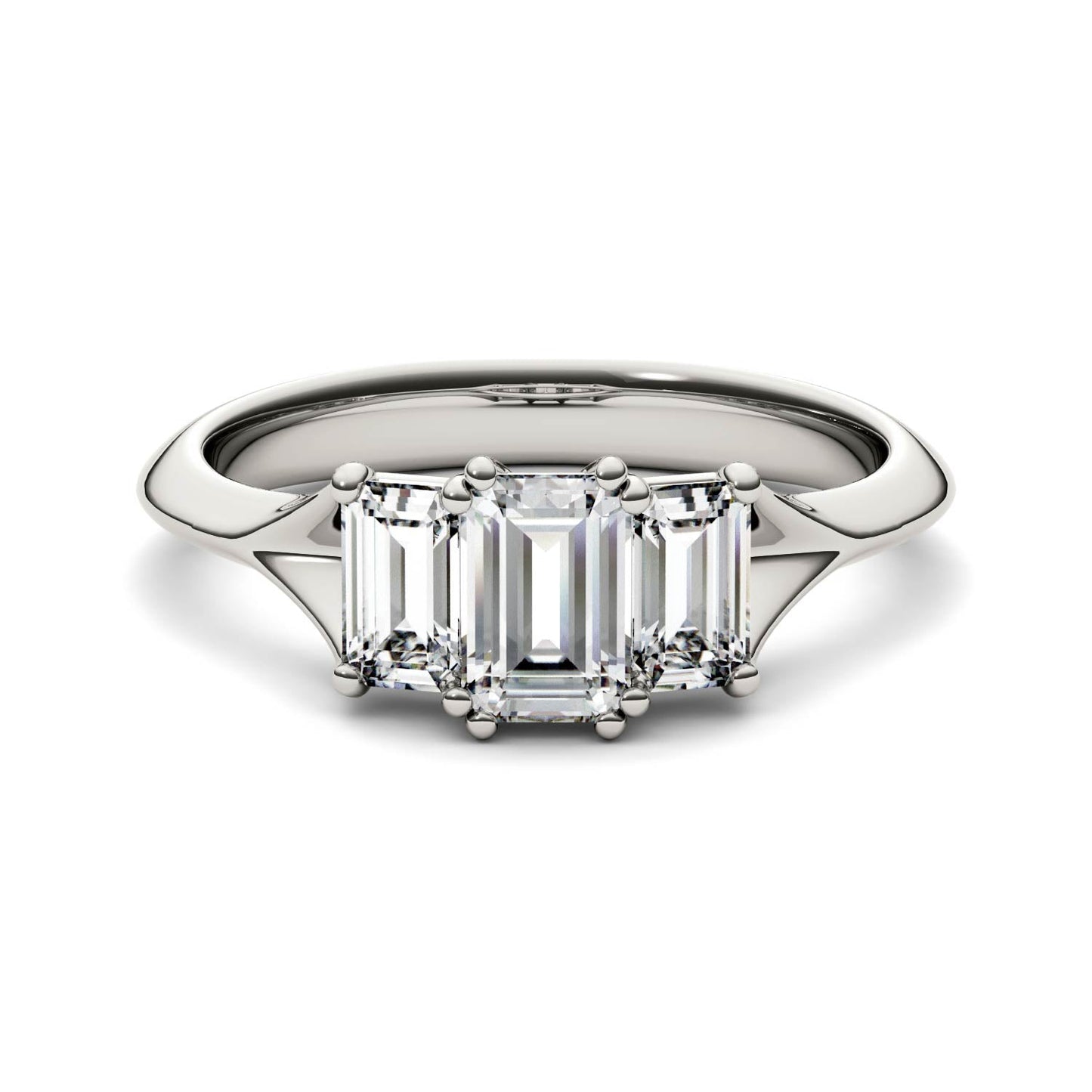 1.36 CTW DEW Radiant Moissanite Three Stone Ring in 14K White Gold