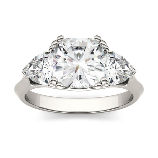 3.00 CTW DEW Cushion Moissanite Three Stone Ring in 14K White Gold