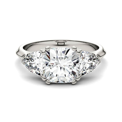 3.00 CTW DEW Cushion Moissanite Three Stone Ring in 14K White Gold