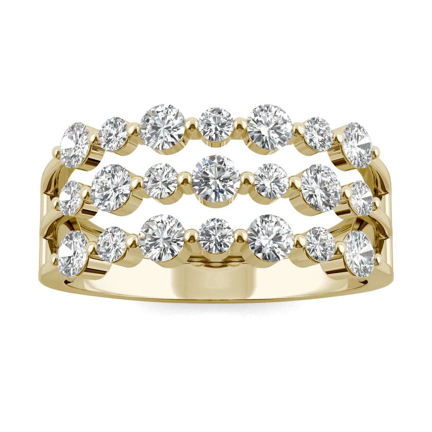 0.91 CTW DEW Round Moissanite Three Row Ring in 14K Yellow Gold