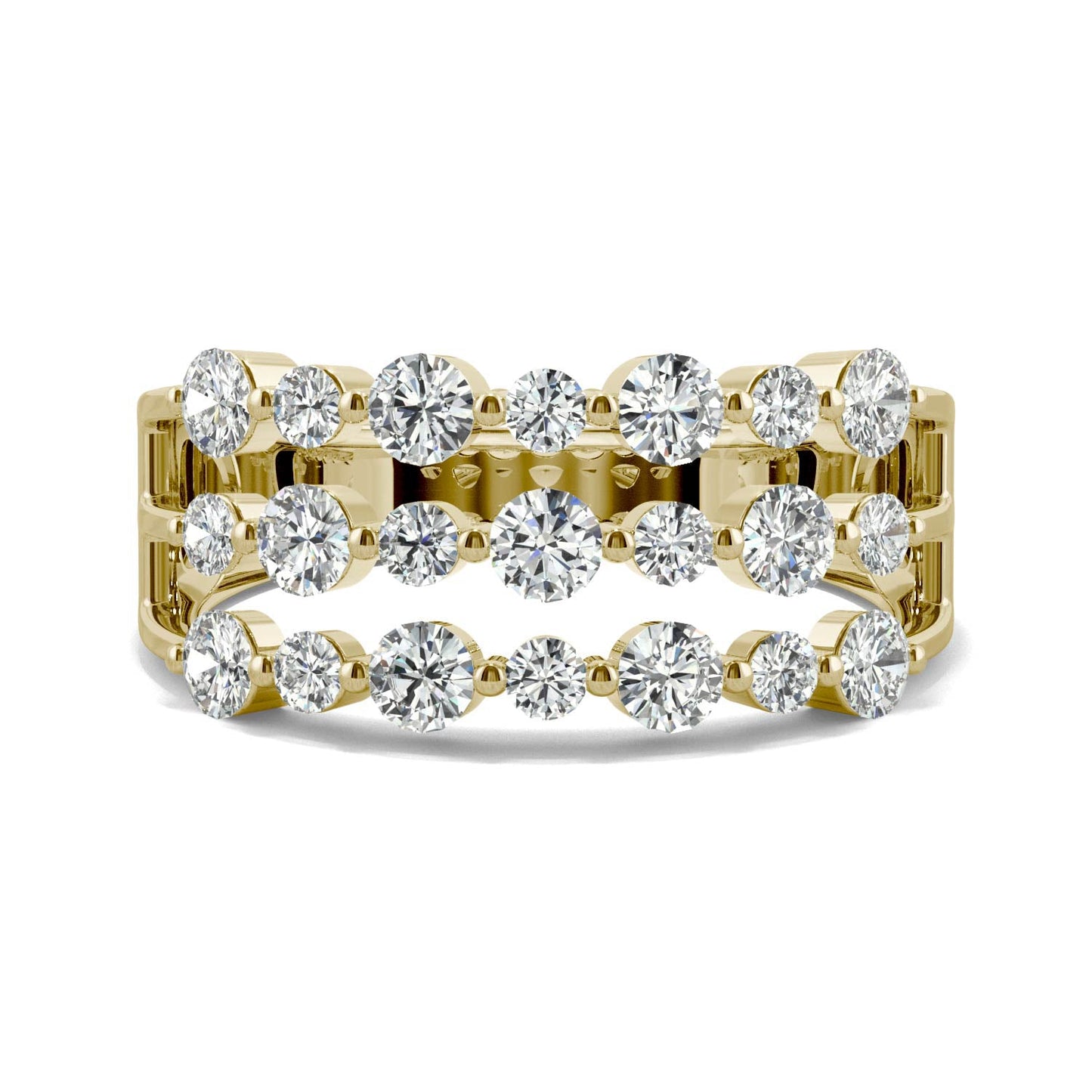 0.91 CTW DEW Round Moissanite Three Row Ring in 14K Yellow Gold