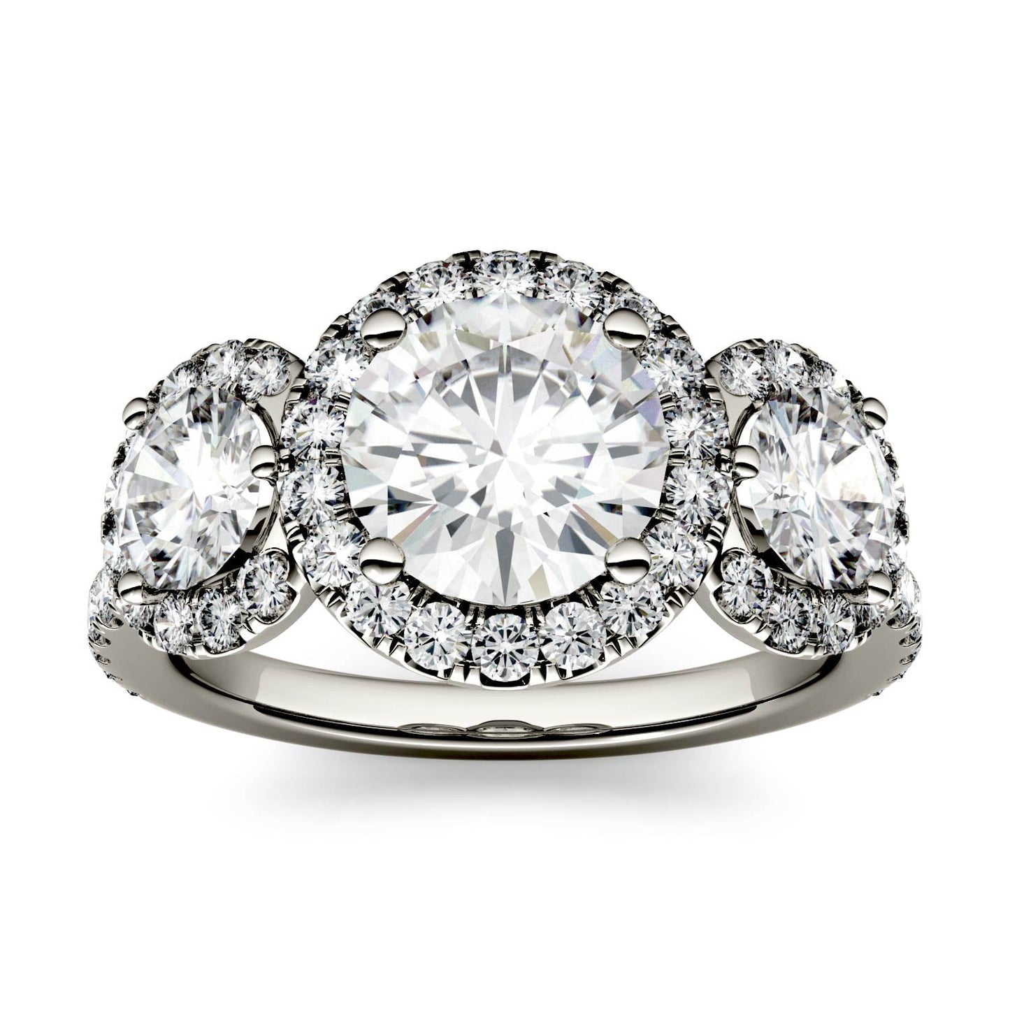 3.09 CTW DEW Round Moissanite Halo Three-Stone Ring in 14K White Gold