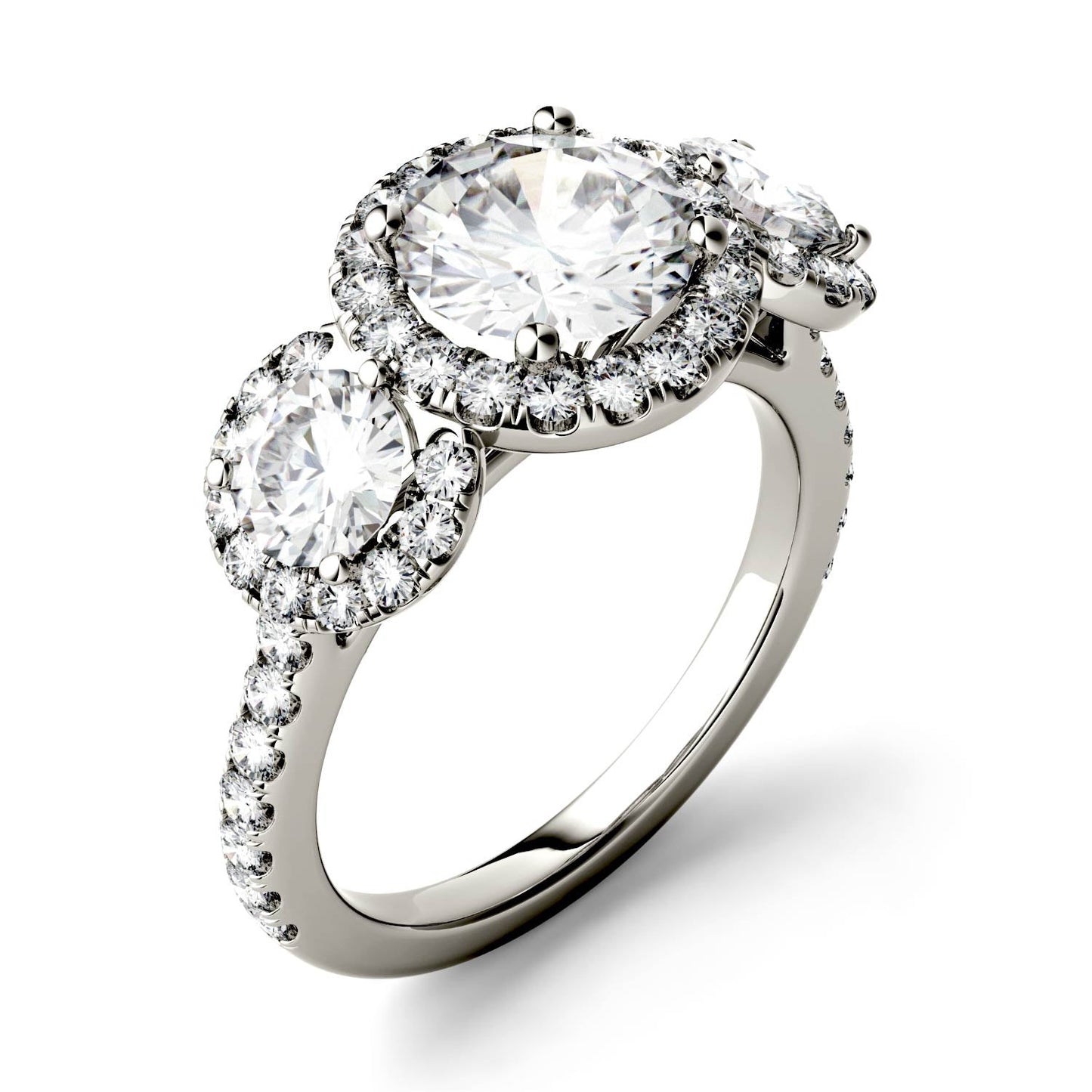 3.09 CTW DEW Round Moissanite Halo Three-Stone Ring in 14K White Gold