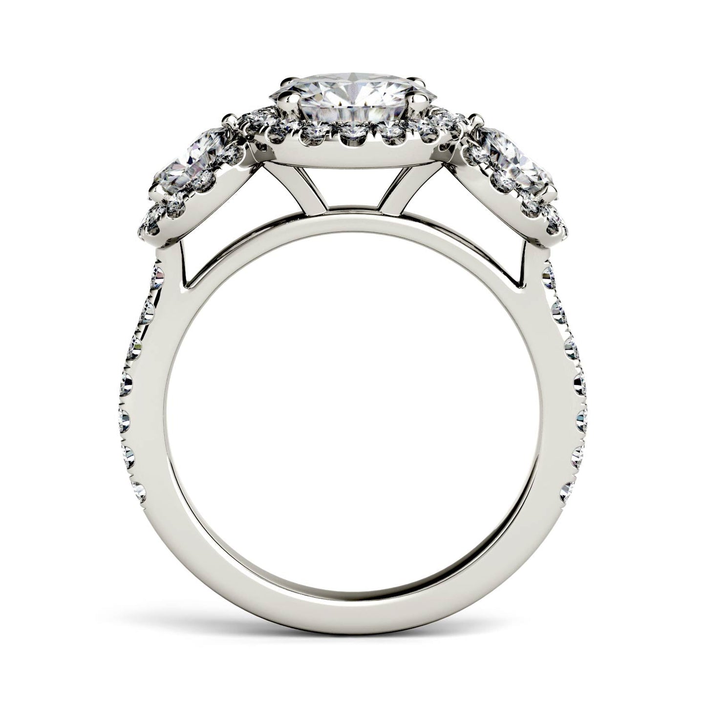 3.09 CTW DEW Round Moissanite Halo Three-Stone Ring in 14K White Gold
