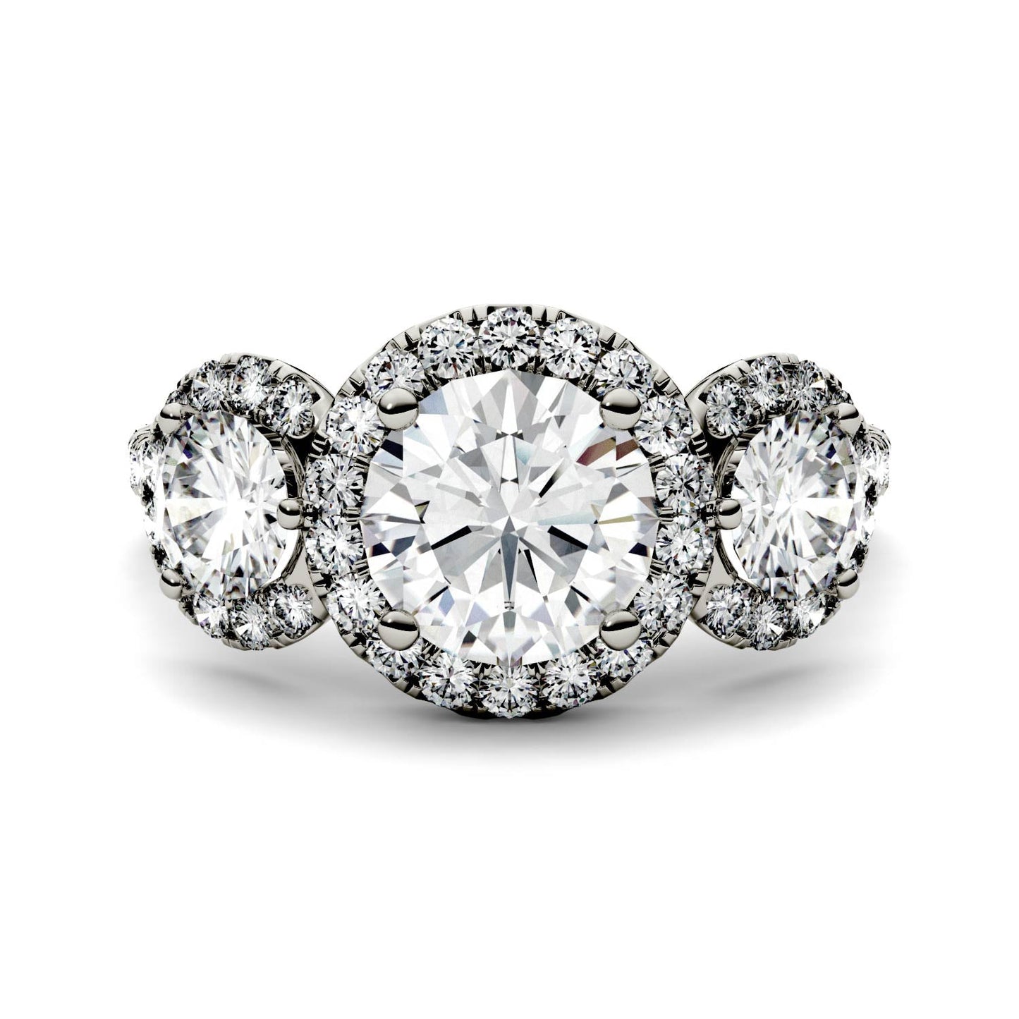 3.09 CTW DEW Round Moissanite Halo Three-Stone Ring in 14K White Gold