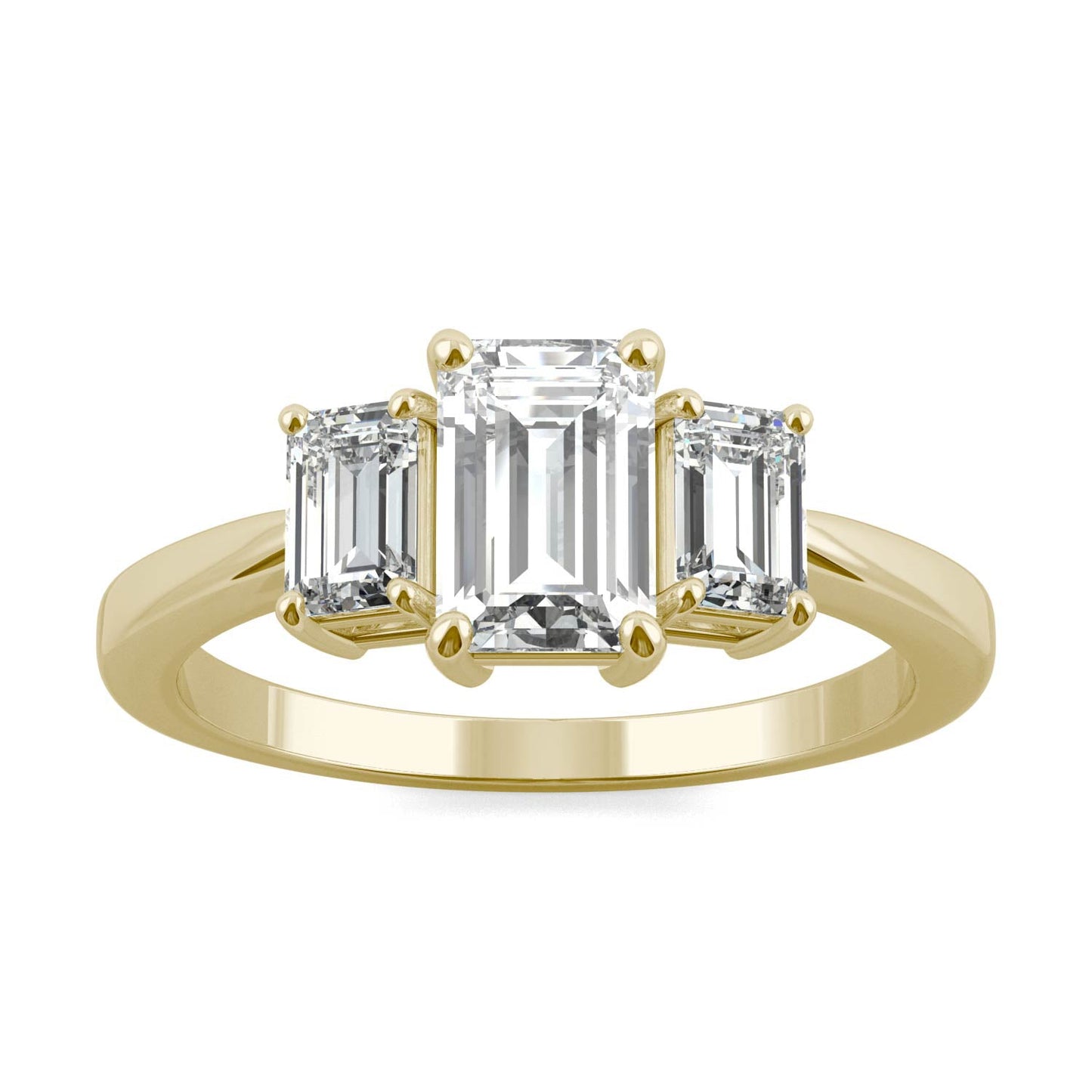 1.55 CTW DEW Emerald Moissanite Three-Stone Ring in 14K Yellow Gold