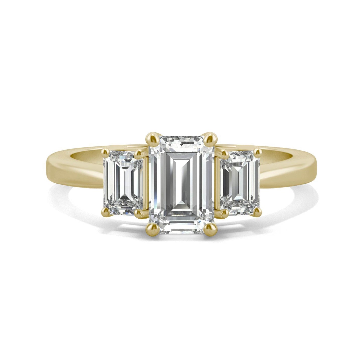1.55 CTW DEW Emerald Moissanite Three-Stone Ring in 14K Yellow Gold