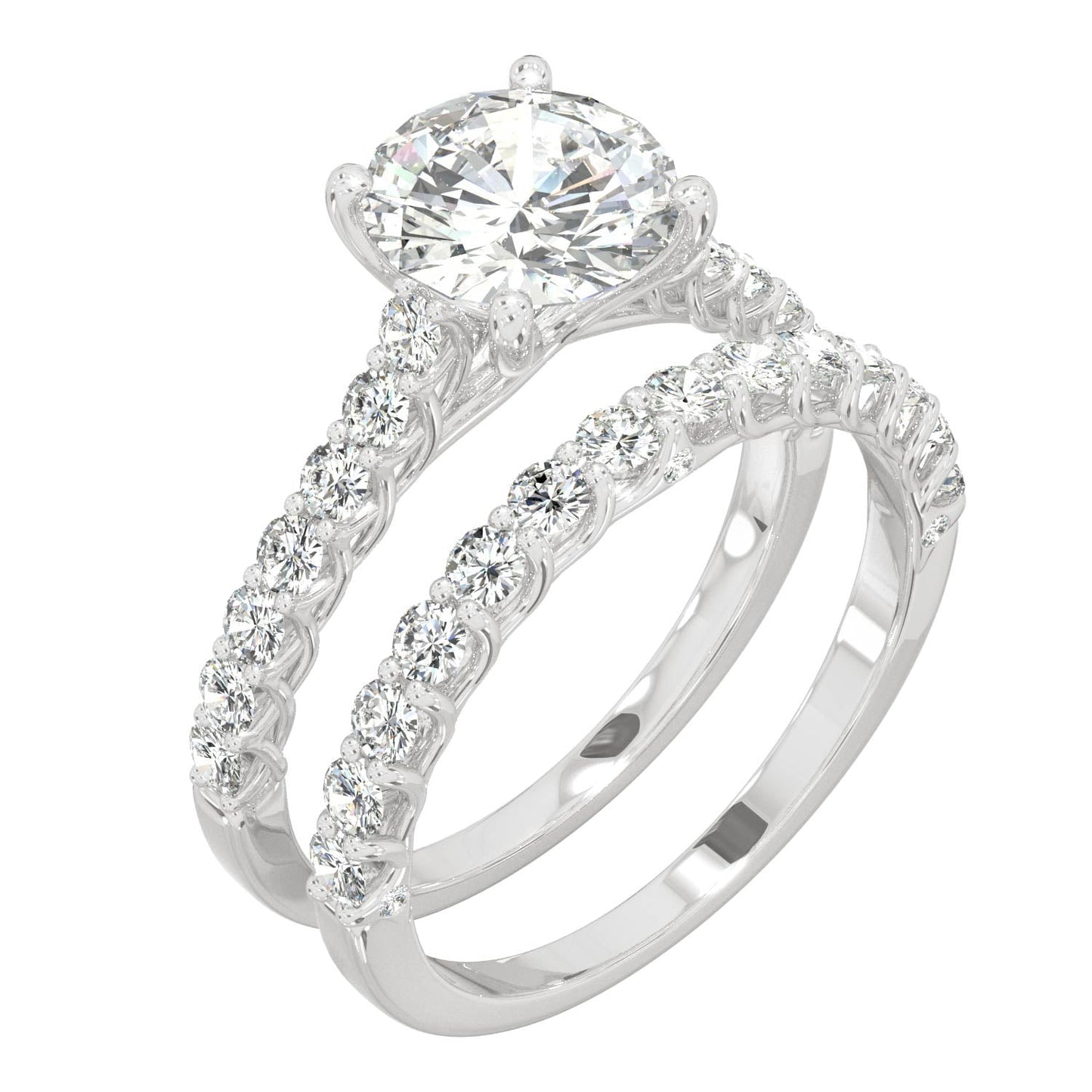 2.37 CTW DEW Round Moissanite Cathedral Bridal Set in 14K White Gold