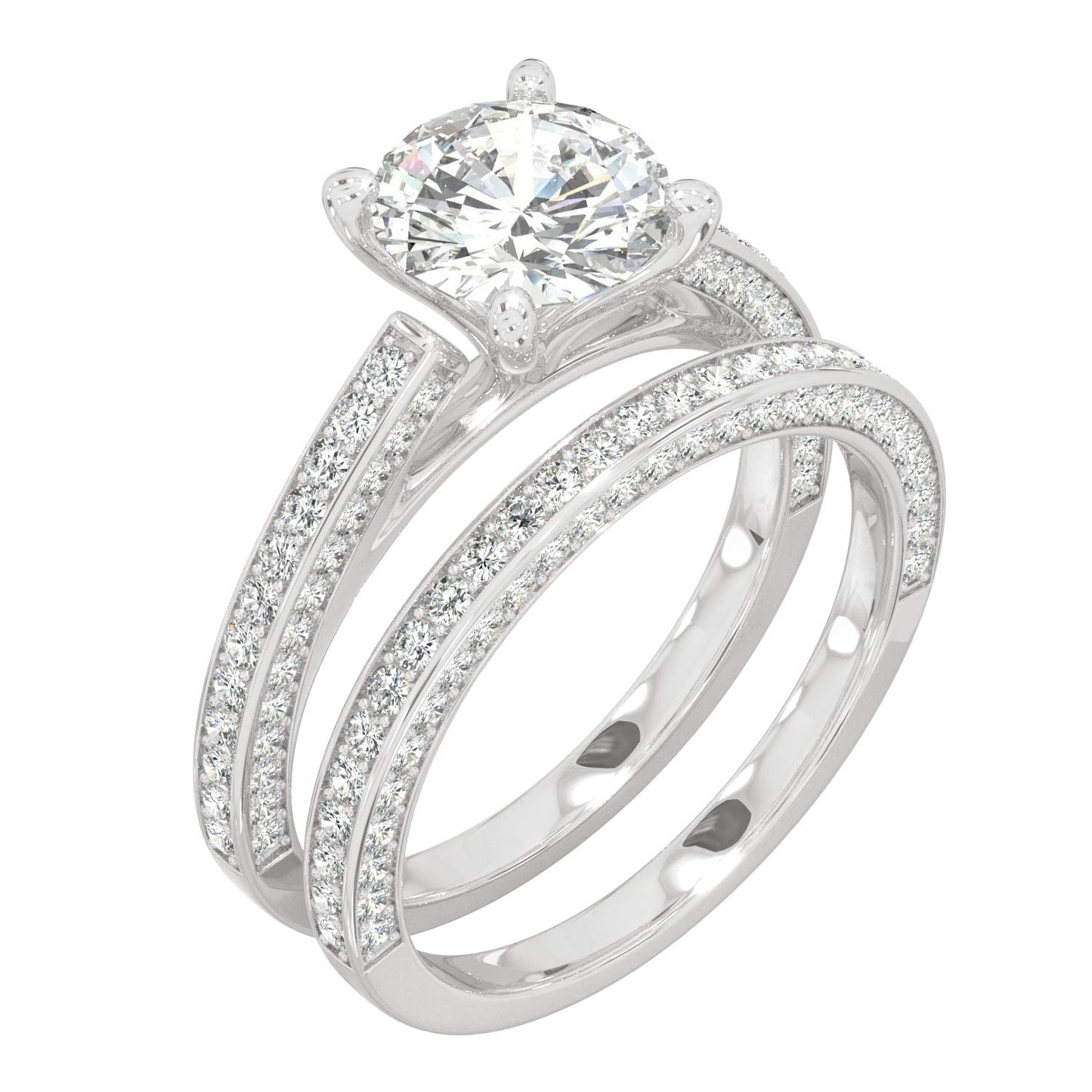 2.71 CTW DEW Round Moissanite Side-Stone Bridal Set in 14K White Gold