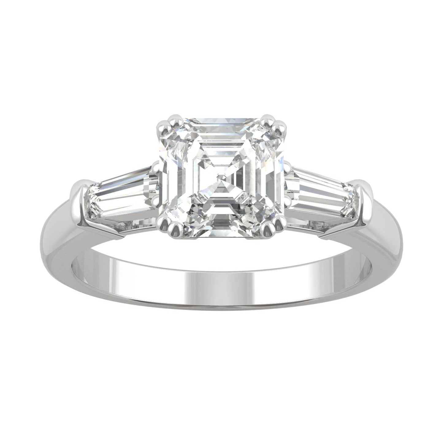 1.67 CTW DEW Asscher Moissanite Three-Stone Engagement Ring in 14K White Gold