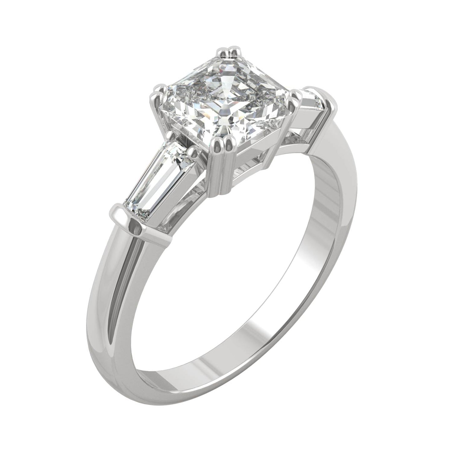1.67 CTW DEW Asscher Moissanite Three-Stone Engagement Ring in 14K White Gold
