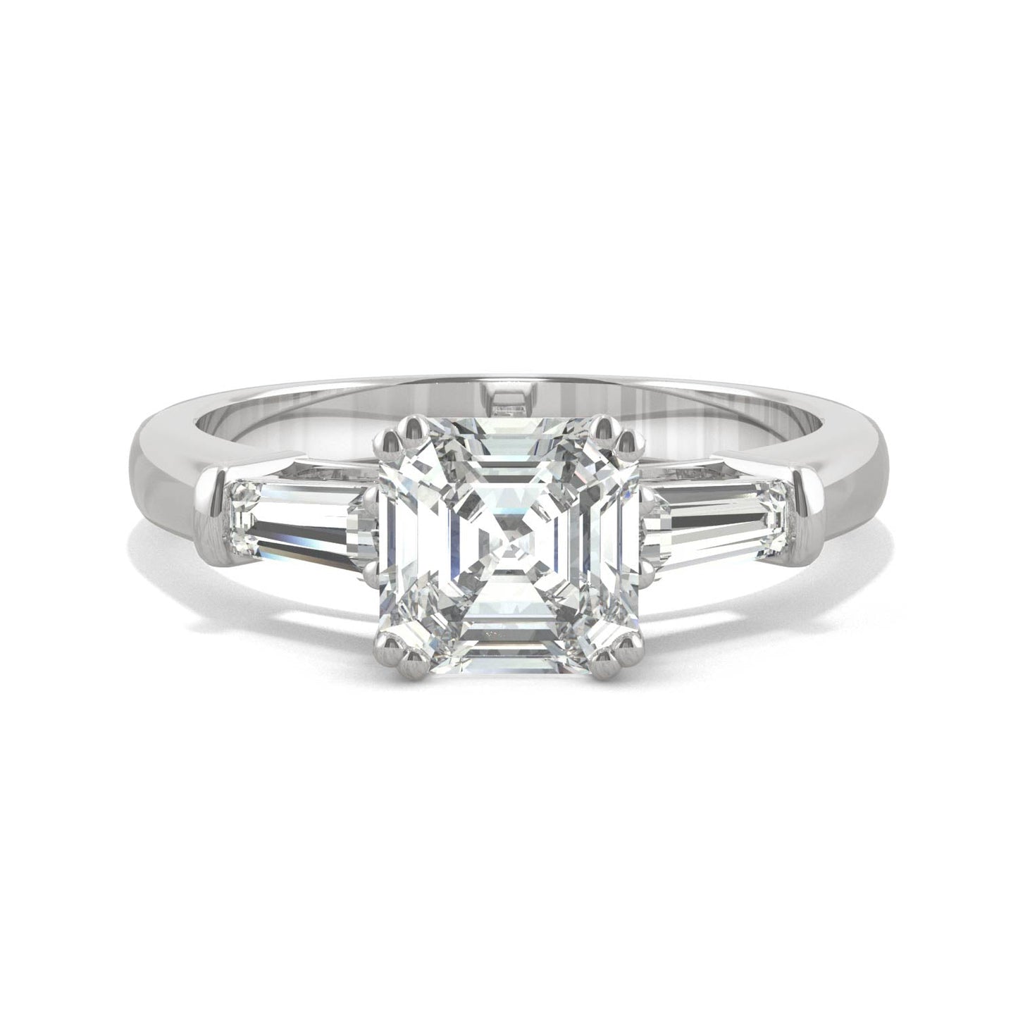 1.67 CTW DEW Asscher Moissanite Three-Stone Engagement Ring in 14K White Gold