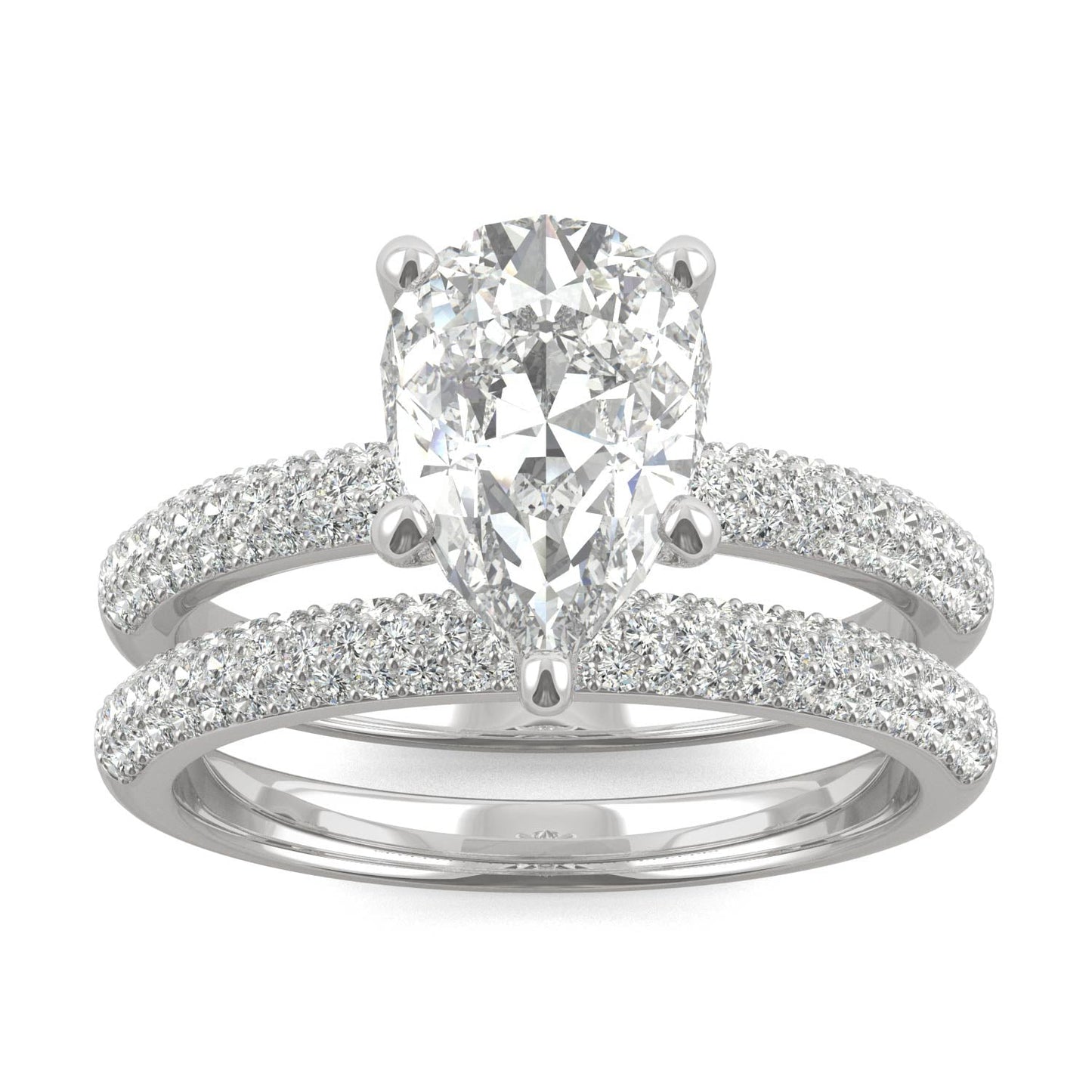 2.54 CTW DEW Pear Side-Stone Pavé Moissanite Bridal Set in 14K White Gold