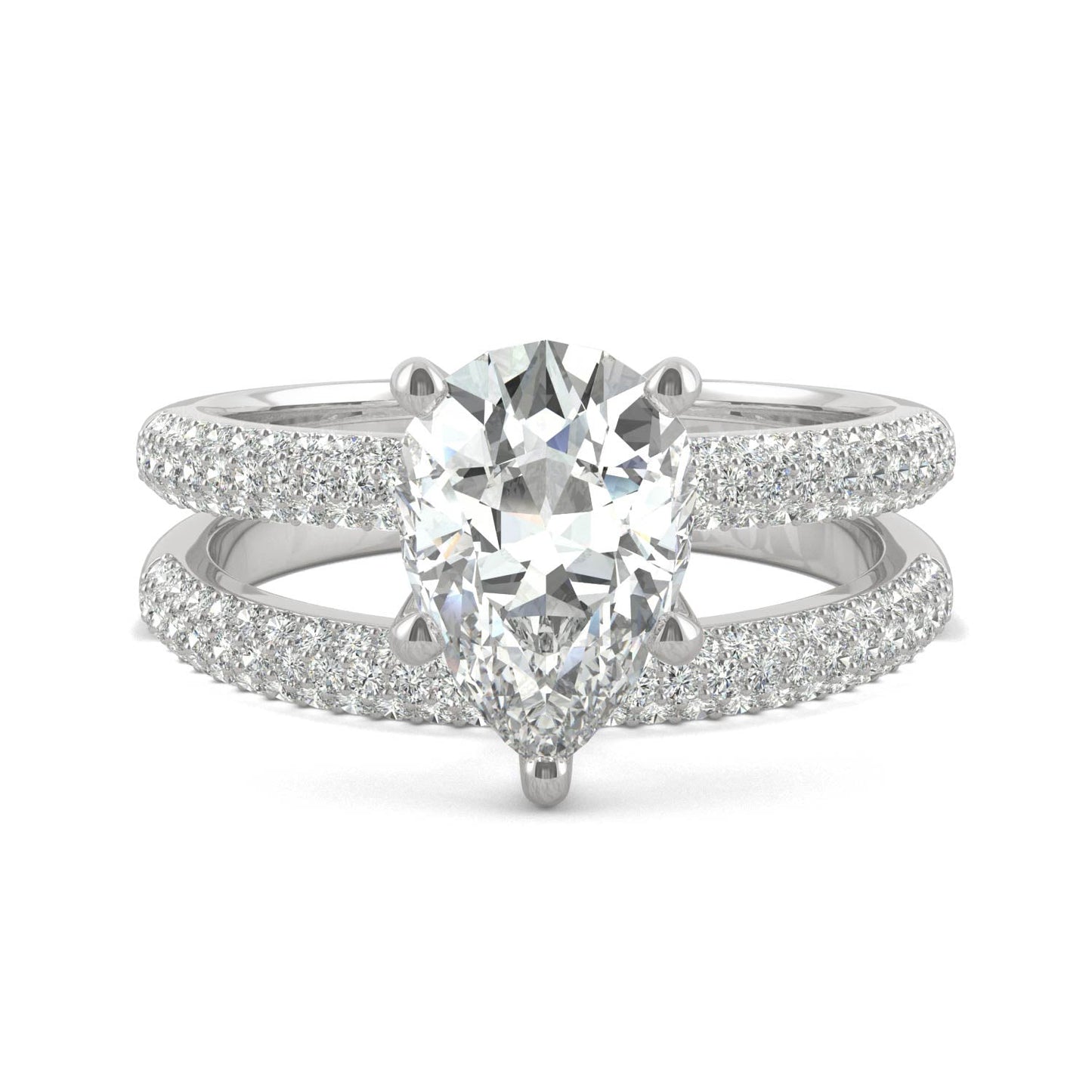 2.54 CTW DEW Pear Side-Stone Pavé Moissanite Bridal Set in 14K White Gold