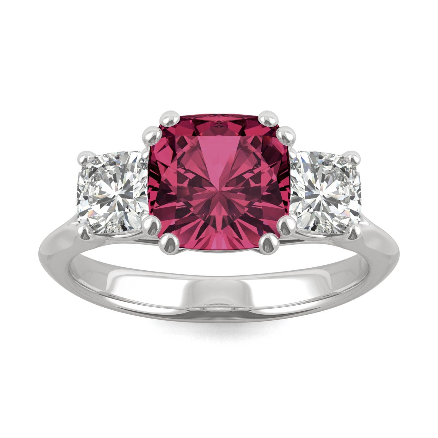 1.00 CTW DEW Cushion Created Ruby Three-Stone Ring in 14K White Gold