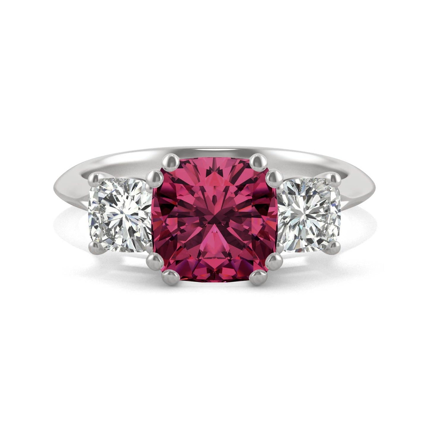 1.00 CTW DEW Cushion Created Ruby Three-Stone Ring in 14K White Gold