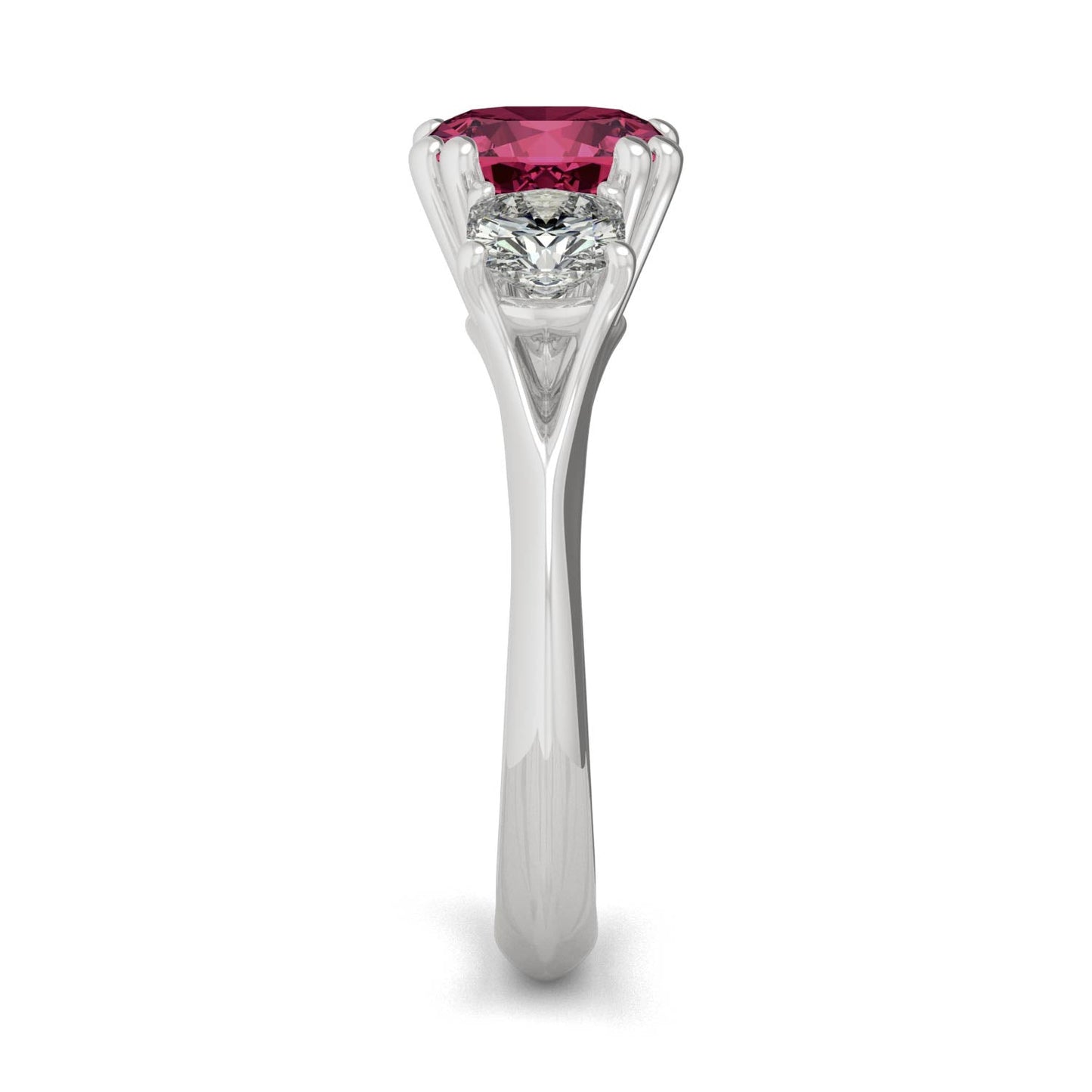 1.00 CTW DEW Cushion Created Ruby Three-Stone Ring in 14K White Gold