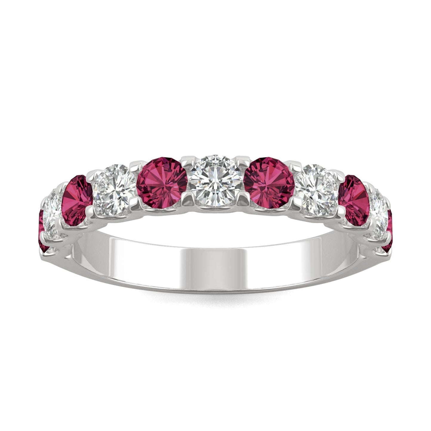 1.58 CTW DEW Round Moissanite and Created Ruby Band in 14K White Gold