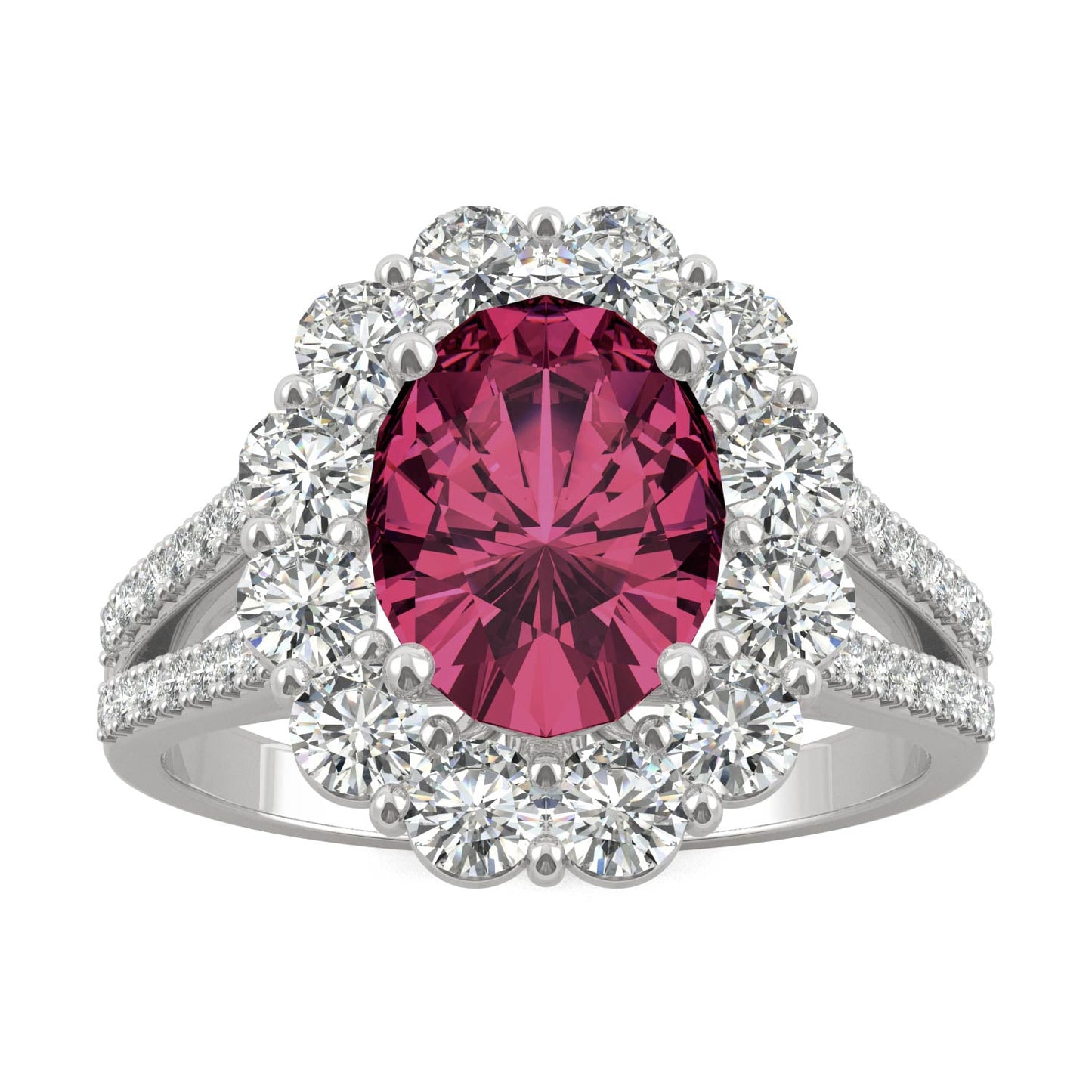 3.24 CTW DEW Oval Ruby Halo Ring in 14K White Gold