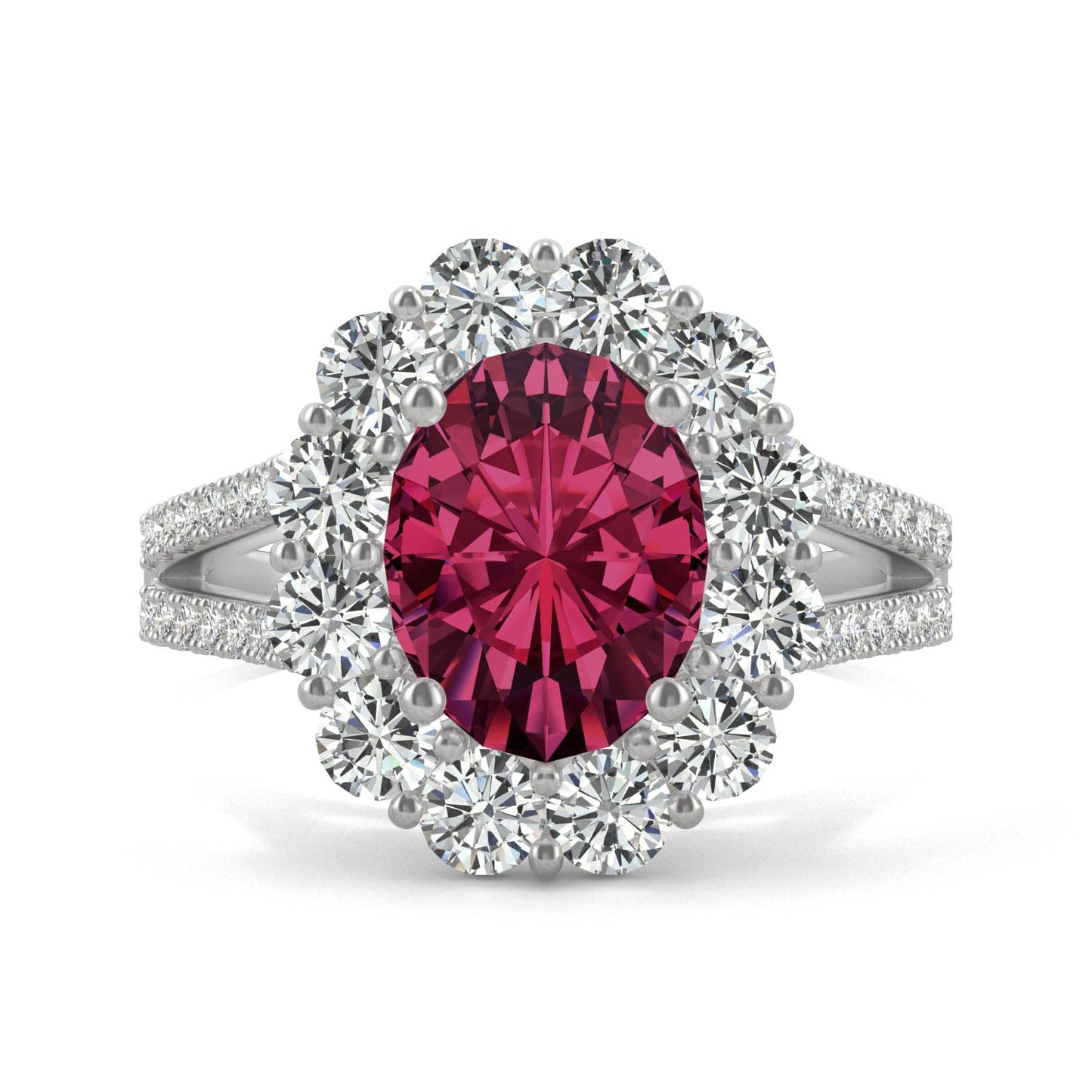 3.24 CTW DEW Oval Ruby Halo Ring in 14K White Gold