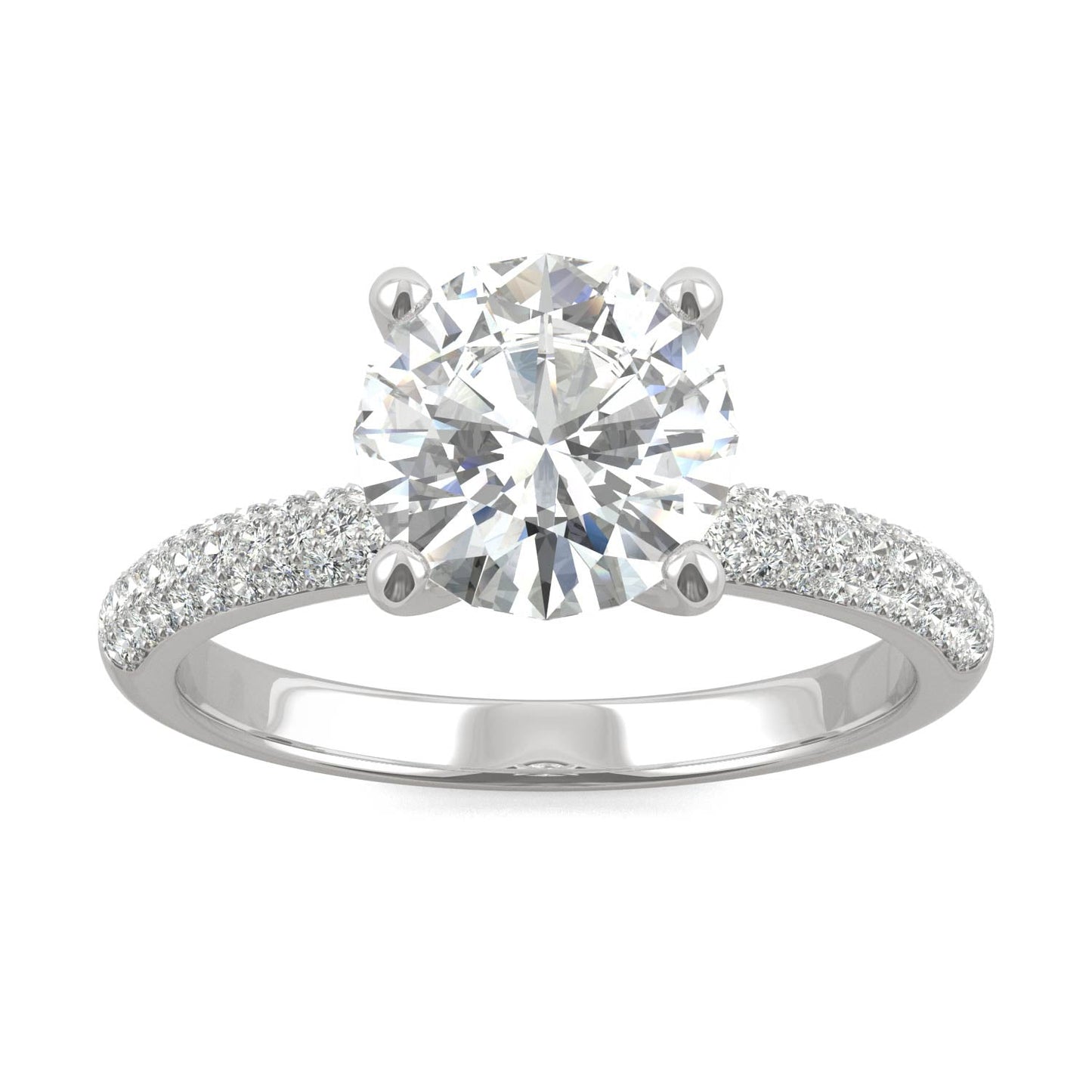 2.11 CTW DEW Round Moissanite Pavé Side-Stone Engagement Ring in 14K White Gold