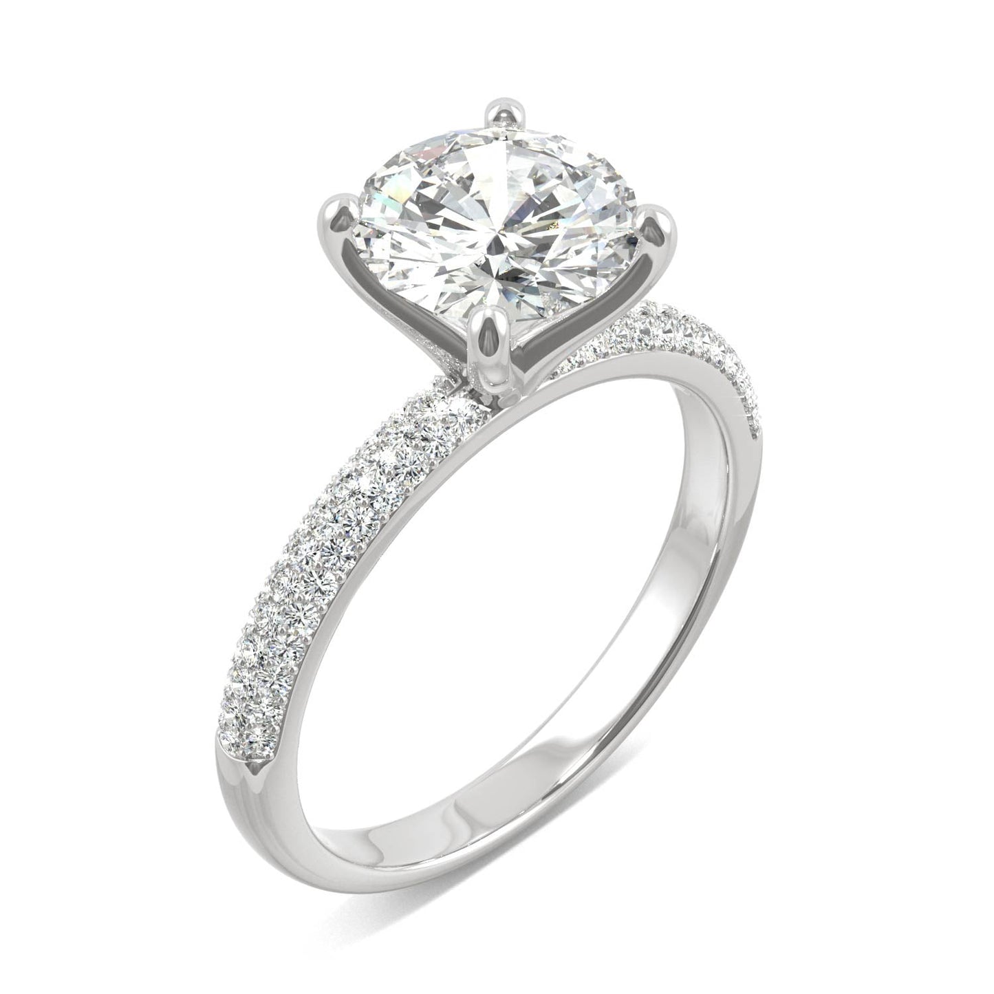 2.11 CTW DEW Round Moissanite Pavé Side-Stone Engagement Ring in 14K White Gold