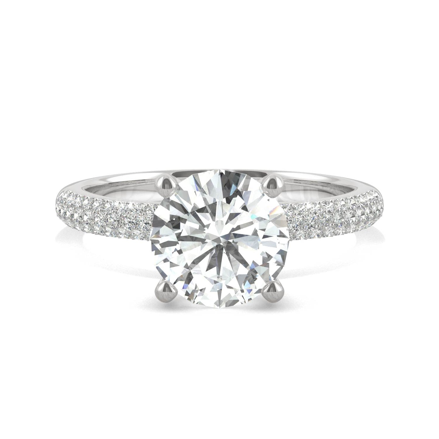 2.11 CTW DEW Round Moissanite Pavé Side-Stone Engagement Ring in 14K White Gold