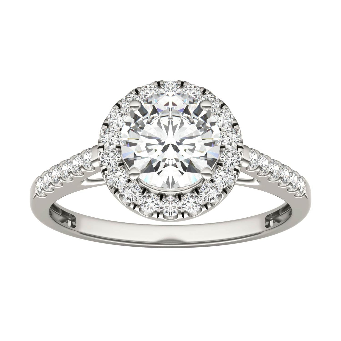 1.45 CTW DEW Round Moissanite Accented Halo Engagement Ring in 14K White Gold