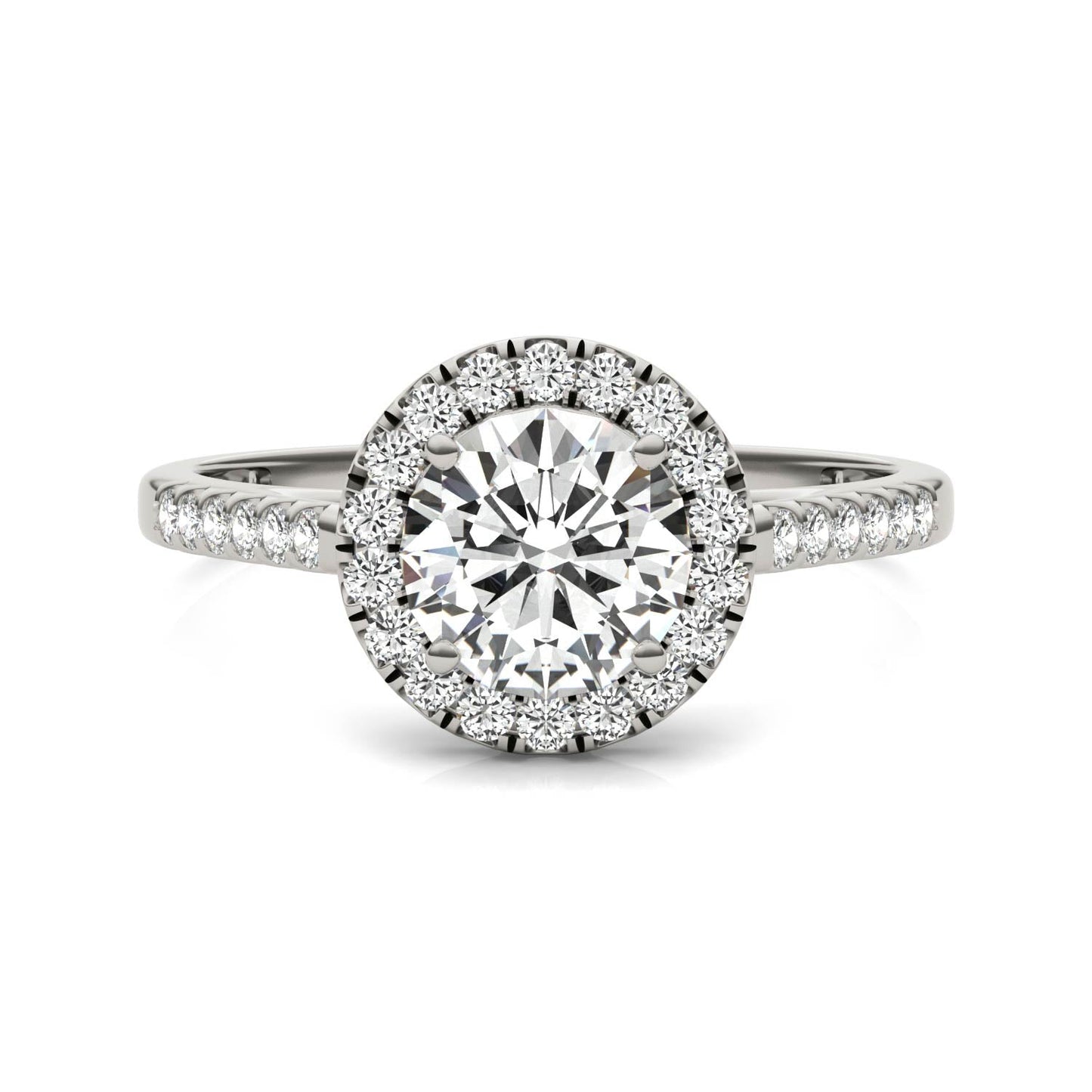 1.45 CTW DEW Round Moissanite Accented Halo Engagement Ring in 14K White Gold