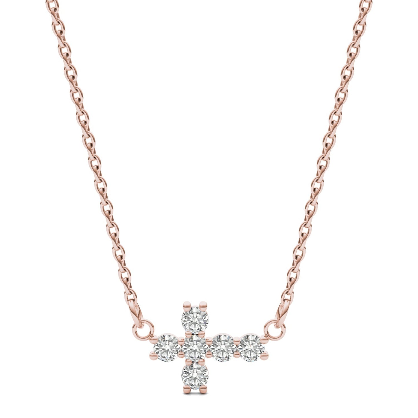 0.18 CTW DEW Round Moissanite Fixed Cross Necklace in 14K Rose Gold