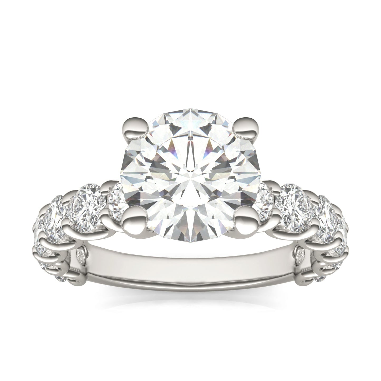 3.76 CTW DEW Round Moissanite Trellis Side-Stone Ring in 14K White Gold