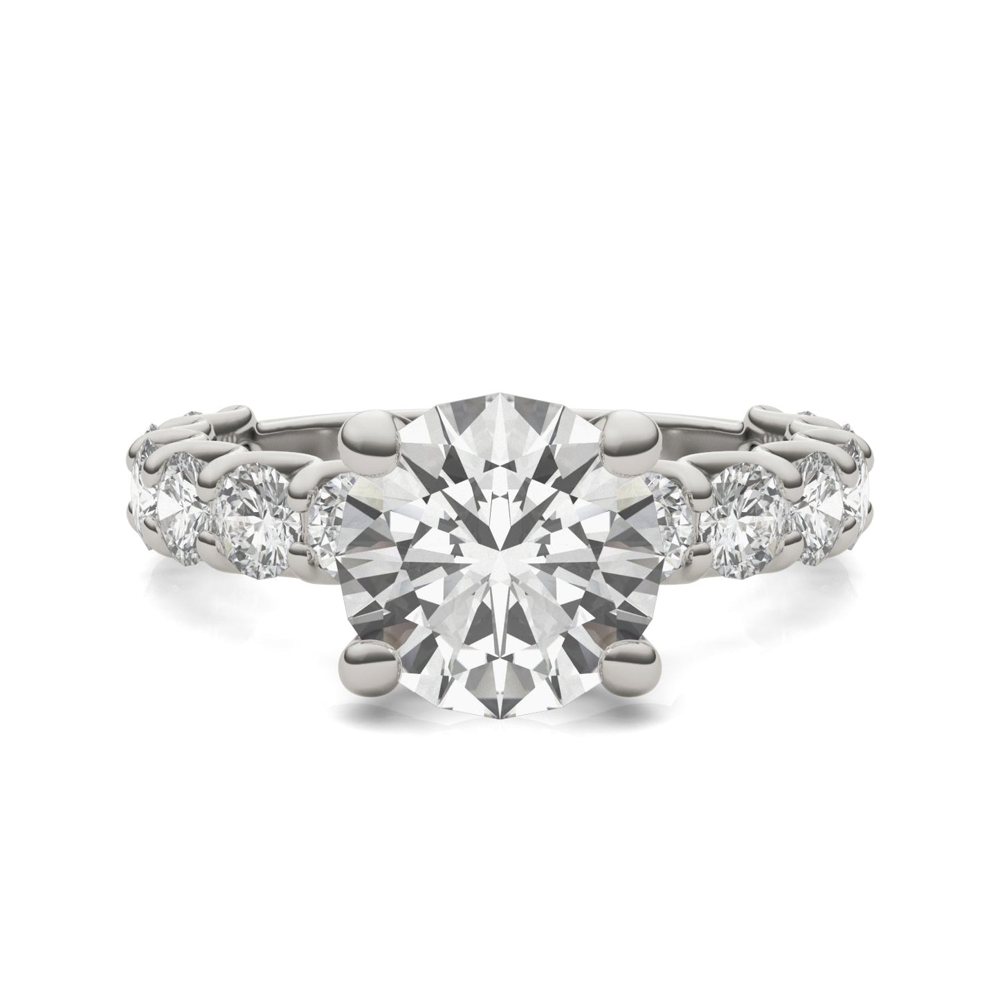 3.76 CTW DEW Round Moissanite Trellis Side-Stone Ring in 14K White Gold