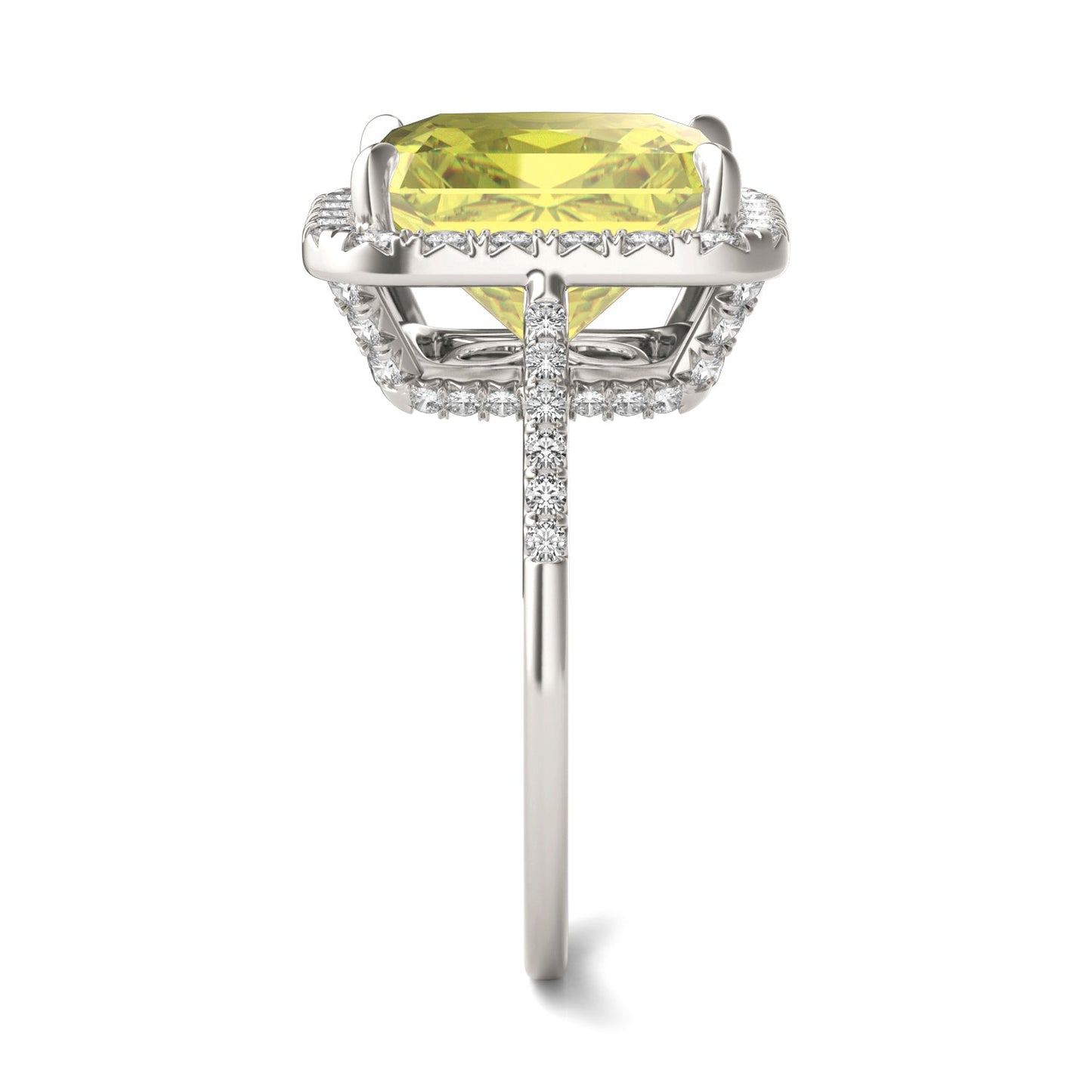 5.90 CTW DEW Radiant Yellow Moissanite Accented Ring in 14K White Gold