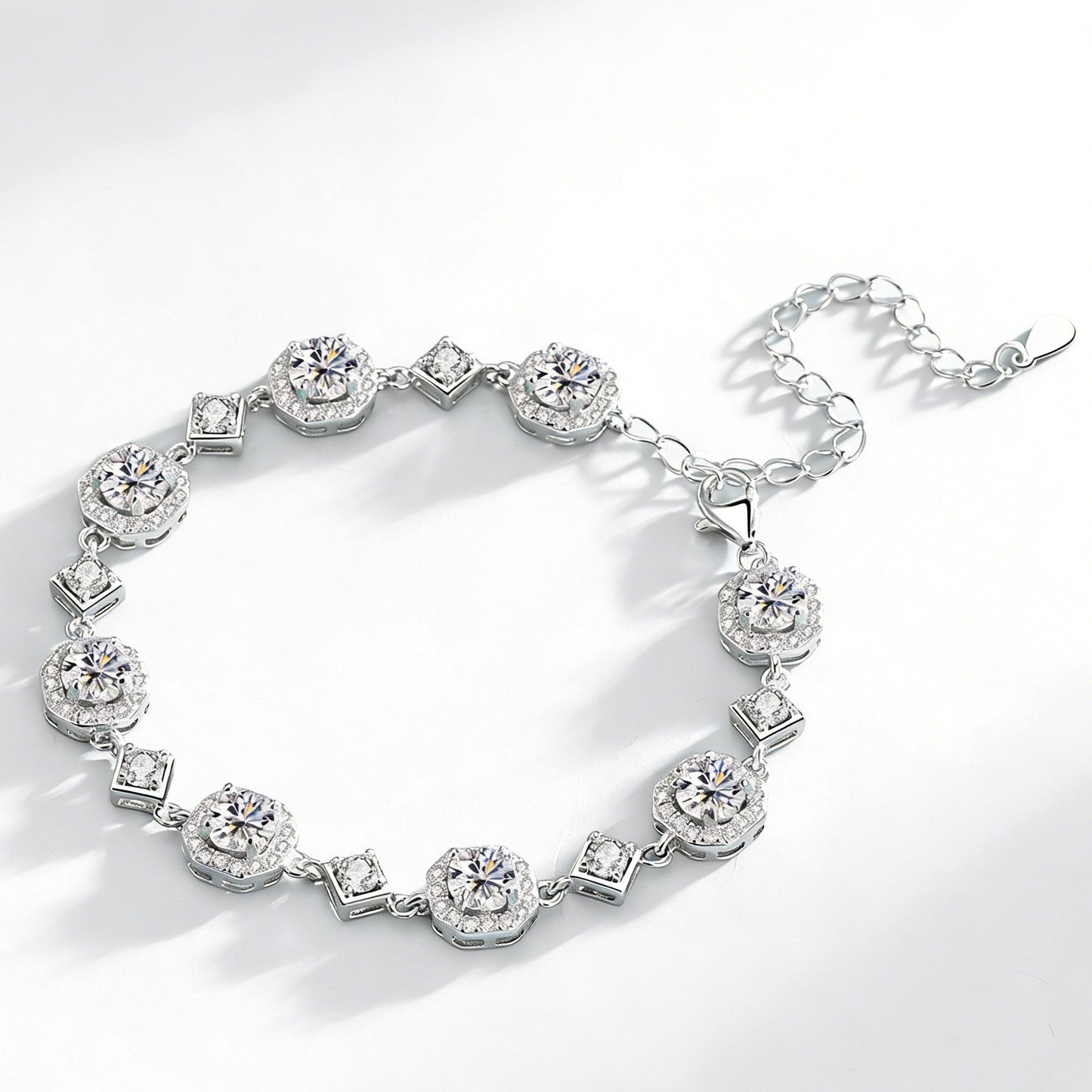 4CT Moissanite Square Bracelet + S925 Sterling Silver  Adjustable 21cm  Chain 8 Colors