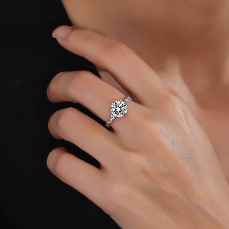 2CT Moissanite Ring – 925 Sterling Silver, 6-Prong “Honeycomb” Band, GRA Certified