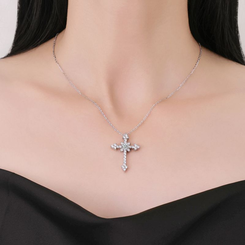 Moissanite Cross Necklace – 925 Sterling Silver, GRA Certified, Adjustable Chain (41–50cm)