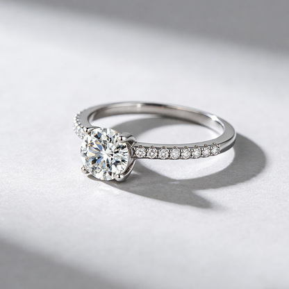 D-Color Moissanite Ring for Women, 925 Sterling Silver 4-Prong Solitaire with Micro-Pave Band, Luxury Ring for Her