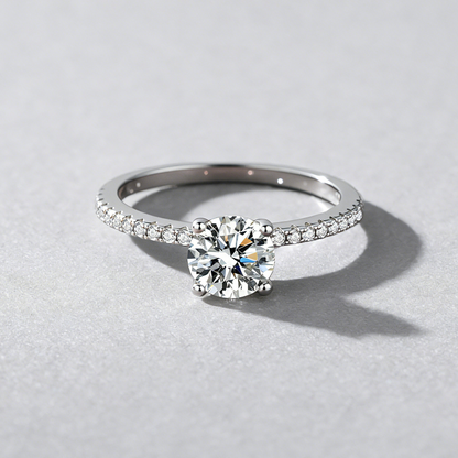 D-Color Moissanite Ring for Women, 925 Sterling Silver 4-Prong Solitaire with Micro-Pave Band, Luxury Ring for Her